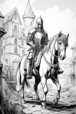 medieval knight in a fantasy setting on horse with sword and shield