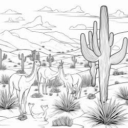 a desert scene with camels and cacti