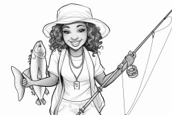 african american chibi women dressed in overalls holding a fishing pole in one hand and a fresh fish in the other have her look surprised and happy