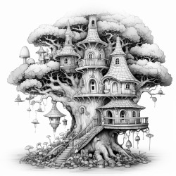 mushroom tree house with flying unicorns
