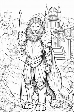 a lion dressed as knight holding a shield standing in front of castle surrounded by a forest