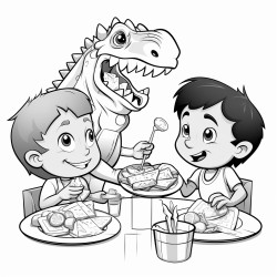 two boys and a girl eating tacos with a dinosaur