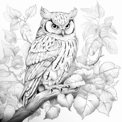 coloring page owl perched on a tree branch with leaves around no shading high details thick lines