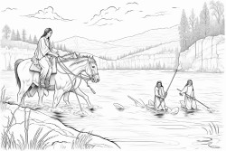 native americans crossing a river on foot using a grapevine as a rope to keep them connected