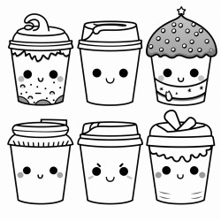 6 takeaway cups with different faces in kawaii styl
