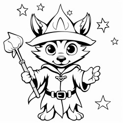 a wolf wearing a wizard hat casting spells with a wand