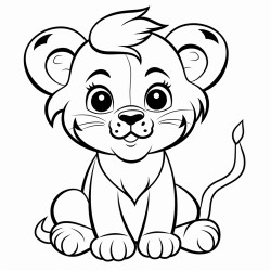 a cute baby lion sitting with its tail curled around its body simple and bold lines 85 x 11 inches 300 dpi