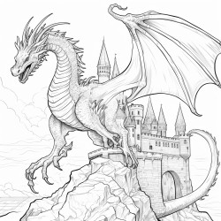 a dragon flying over a castle