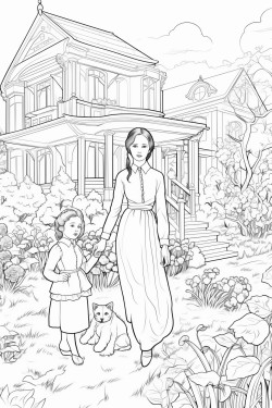 dcoupe dune maison avec un jardin et une famille compos dun papa une maman trois fille un garon et un grand pre
