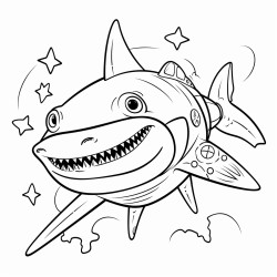 a sharks head on a black and white cats body flying in space