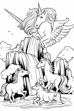 winged unicorn playing with 4 unicorn children at the waterfall