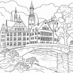 creat an coloring book page of chilhous in germany