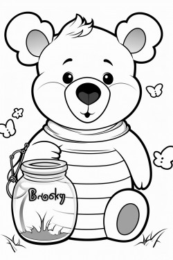 b is for bear a friendly bear holding a honey jar surrounded by buzzing bees