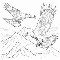 create a blackandwhite coloring page featuring majestic eagles soaring in the sky the eagles should have bold clear outlines with one spreading its wings wide include simple details like fluffy clouds distant mountains and sun rays leaving large spaces for easy coloring