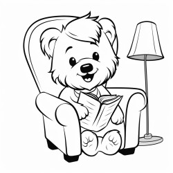 fluffy teddy dog in an armchair reading a book with a lamp