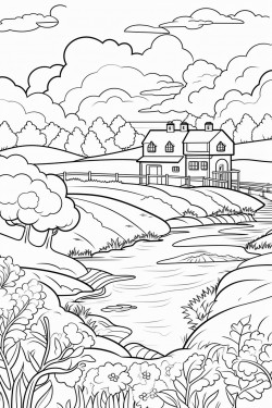 relaxing landscape coloring page black white and full color 2 version