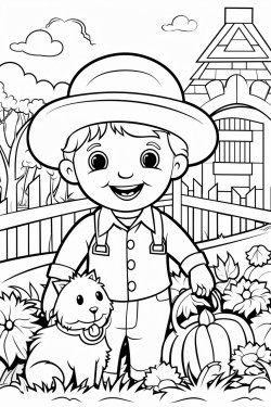 create a vibrant scene of a cheerful farm filled with various elements for kids to color the foreground features a friendly farmer wearing a straw hat smiling as they tend to a garden with colorful vegetables like carrots tomatoes and pumpkins nearby a playful puppy runs alongside a curious kitten