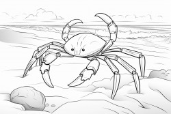 a crab scuttling across the beach with its claws raised