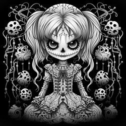 create a creepy voodoo doll with intricate mandala patterns inside of it for adult coloring book without grey shading and black background