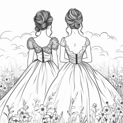 the backs of two brides in a field of flowers