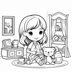 cute girl sitting in her room and playing with her doll and doll house