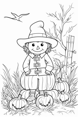 fall coloring page hay bales scarecrow leaves trees cat