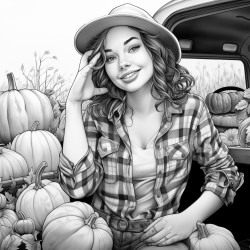adult woman in jeans and check shirt sitting on a hay wagon which ist loaded with different pumpkins anime style