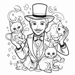 happy magician playing with cats