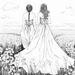 the back of two brides in wedding dresses in a field of flowers
