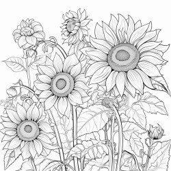 create a blackandwhite coloring page of sunflowers in full bloom use bold outlines for large petals stems and leaves vary the sizes and angles of sunflowers some facing forward others to the side for depth keep the background simple with rolling hills or minimal details ensuring large