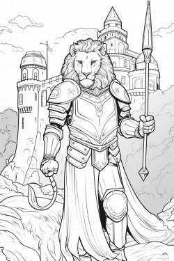a lion dressed as knight holding a shield standing in front of castle surrounded by a forest
