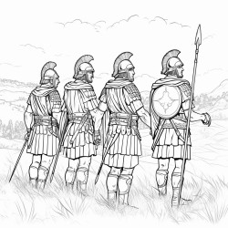 5 roman centurions turned to the side from behind in a field wearing armor