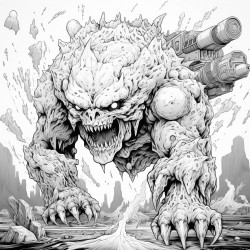 monster made of lava shooting a lava minigun