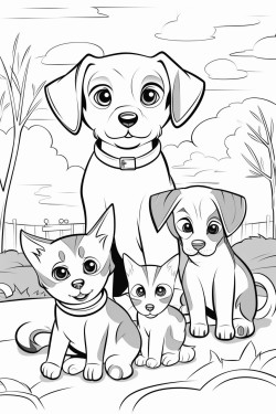 1 beagle dog and 2 cats playing together outside