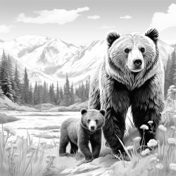 a beautiful grizzly bear and cub with a mountain range in the backround