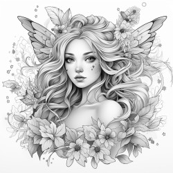 fairy girl with fairy wings flower petals flying around her