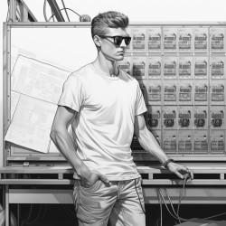 tall guy in a tshirt and athletic shorts with sunglasses operating a light board in a concert venue