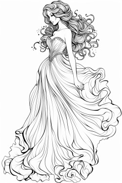 colouring pages beautiful whole body woman with a long flowing dress no shading not many lines large areas for colouring
