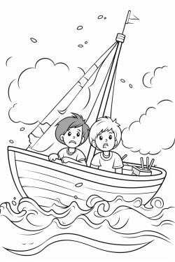 worried boys working in a big boat with a big storm
