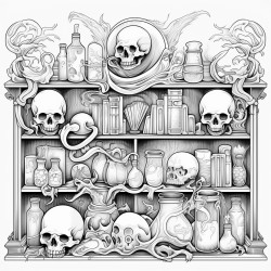 an alchemists cabinet filled with mysterious bottles skulls and ancient scrolls