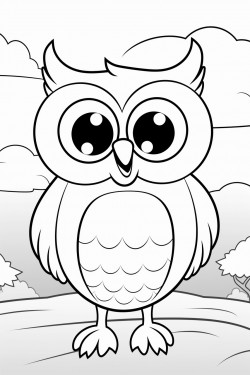 smiling cartoon drawn owl standing in front of a sunrise