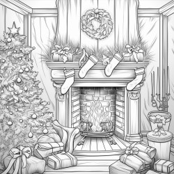 a cozy fireplace scene with stockings garlands and a crackling fire