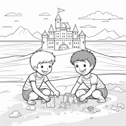des enfants qui jouent  la plage avec divers jouets et un chateau de sable