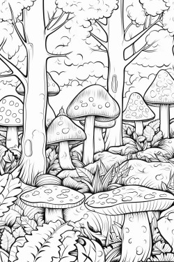 black and white coloring book drawing only thick outlines no grayscale or color for kids cartoon style forest