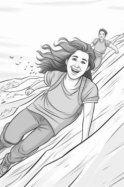 a young woman falling down a sand dune while her boyfriend chases her and laughs