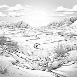 a desert scene with sand dunes and a distant oasis