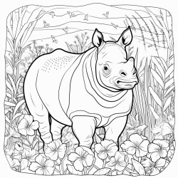 javan rhino standing in a lush forest surrounded by tropical plants and flowers