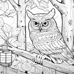 a extreme closeup of a wise old owl threequarter view to the left in a cozy treehouse interior pop art style for a adult