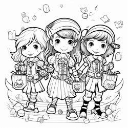 kids in diverse costumes superheroes pirates fairies holding bags of candy