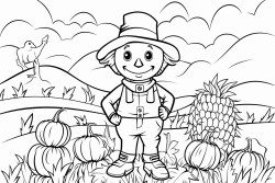 a scarecrow in a field the field on the bottom has some corn leaves and pumpkins